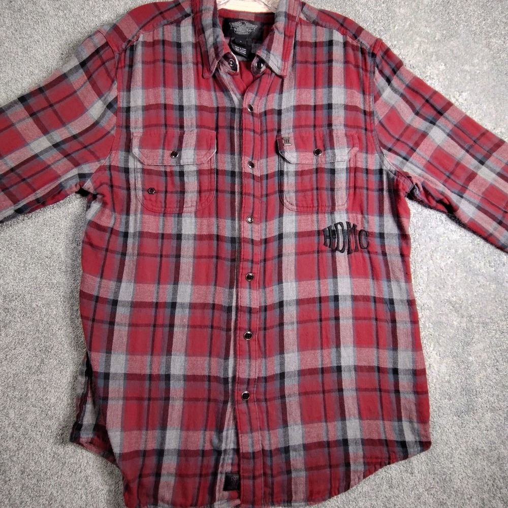 Harley-Davidson Men's Flannel Shirt L Red Plaid Cotton Button Front HDMC